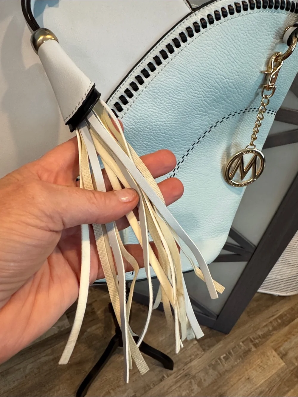Light Blue Shoulder Bag with Tassel and Gold Charm and Matching Wallet